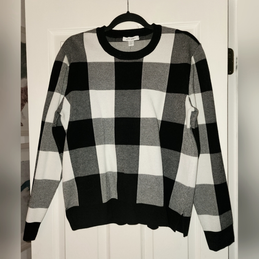 Pure Navy NWOT- medium-weight cotton blend plaid sweater